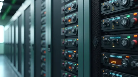 Photo-realistic editorial image showing a futuristic data center with sleek lithium-ion battery modules and green energy motifs, natural lighting emphasizing clean technology, cinematic soft rim lighting, sharp focus on battery texture, and controlled negative space