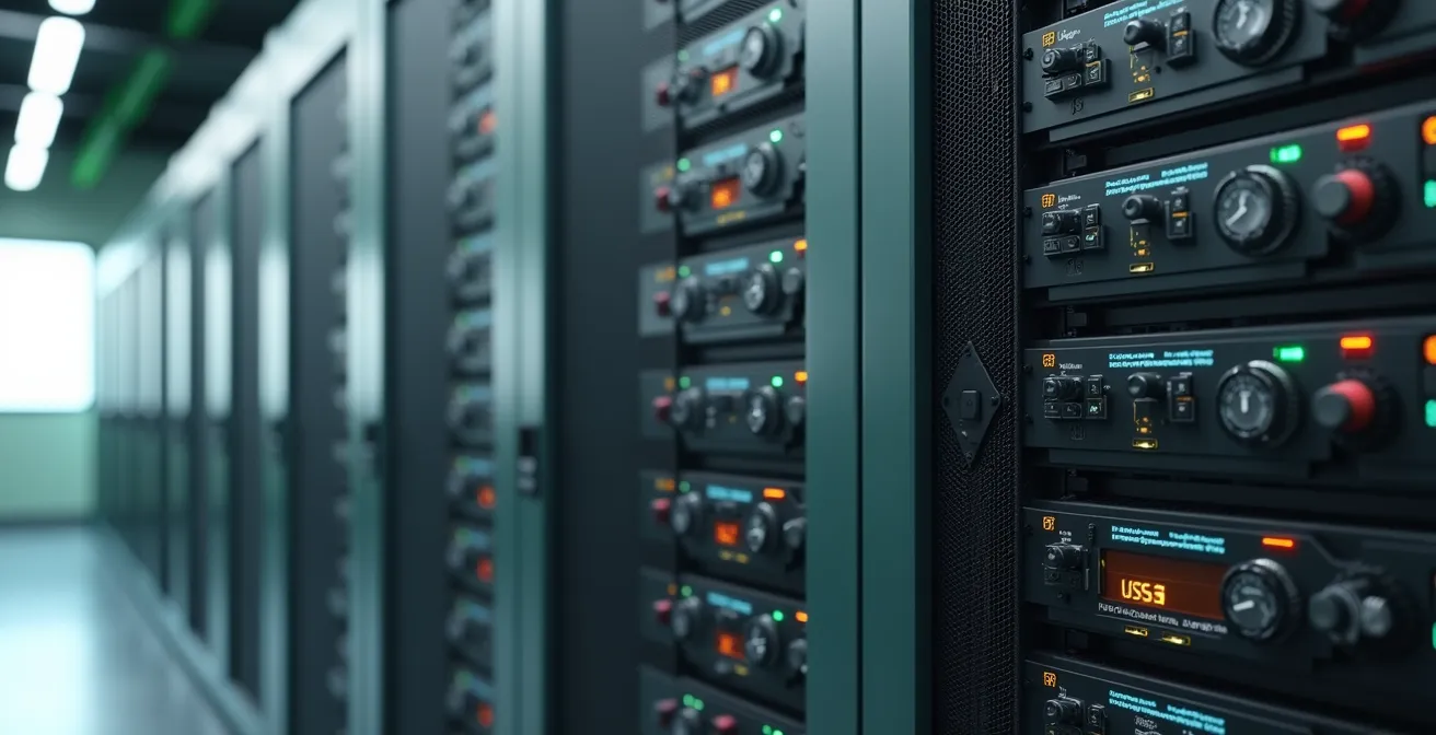 Photo-realistic editorial image showing a futuristic data center with sleek lithium-ion battery modules and green energy motifs, natural lighting emphasizing clean technology, cinematic soft rim lighting, sharp focus on battery texture, and controlled negative space