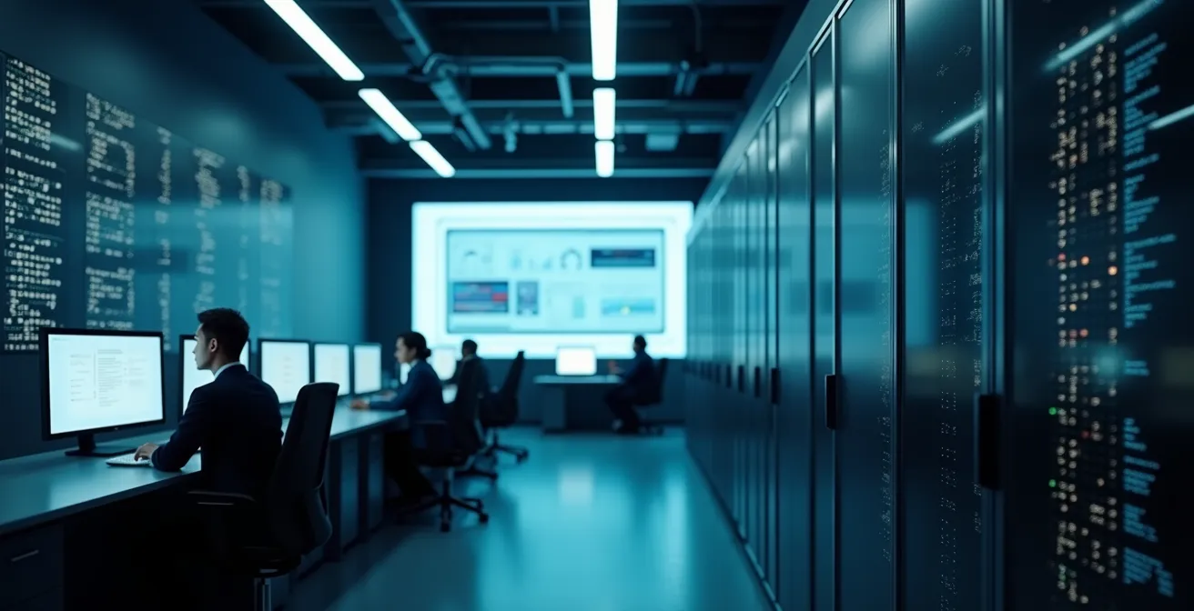 Wide shot of a futuristic data center control room with screens blurred out emphasizing clean architecture and abstract lighting symbolizing software control