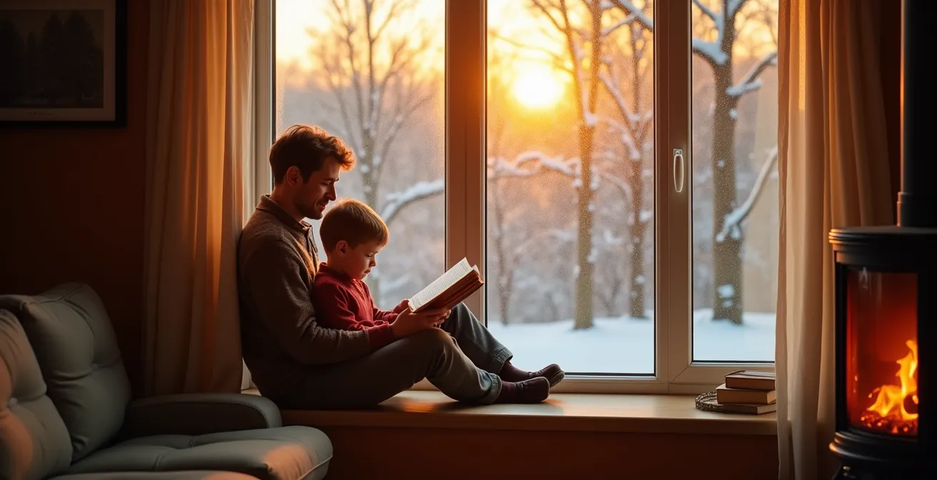 Comfortable family enjoying warm interior with snow visible through efficient windows