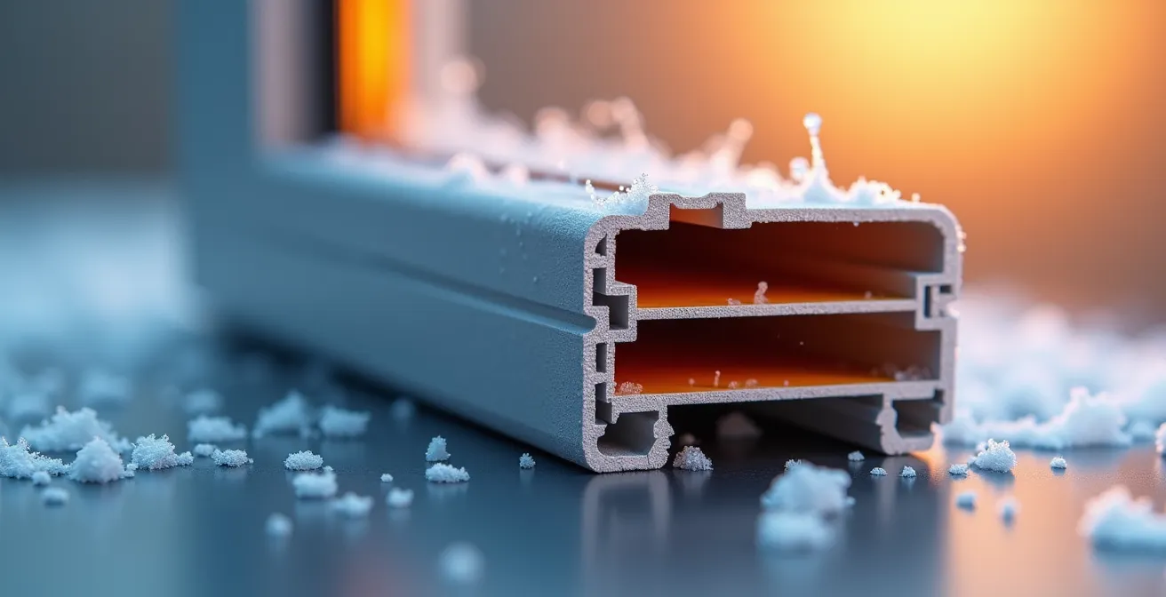 Close-up of thermally broken window frame showing insulation barrier detail