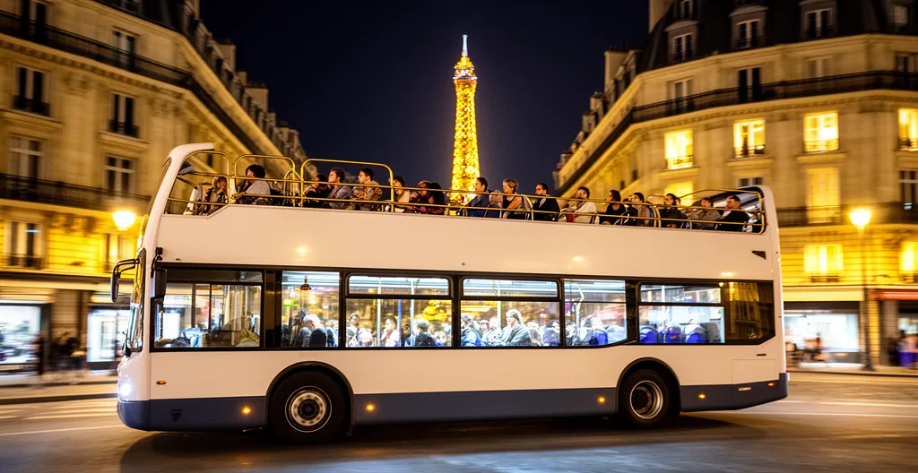 Bus touristique à impériale traversant Paris illuminé de nuit avec passagers admirant les monuments