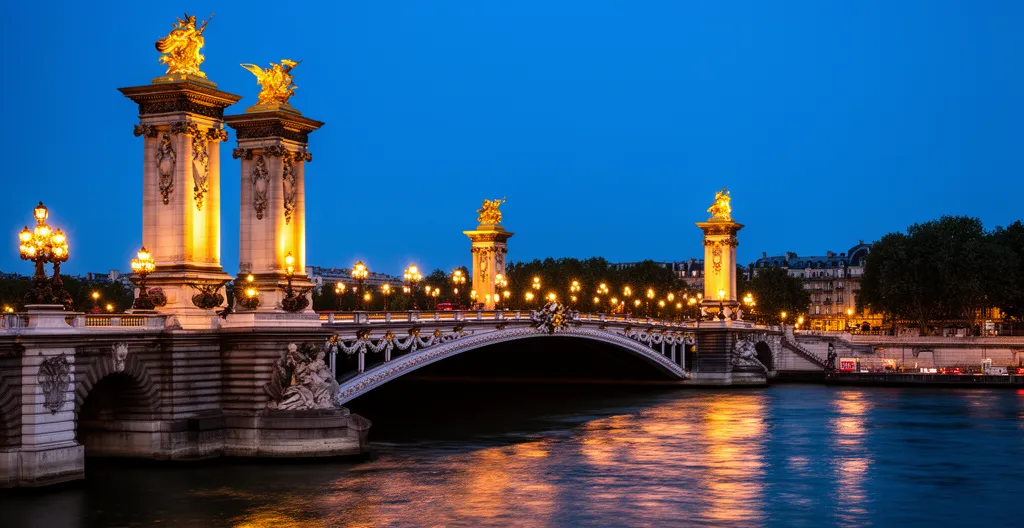 Pont Alexandre III illuminé la nuit avec ses lampadaires dorés et reflets sur la Seine