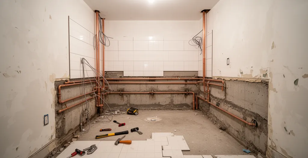 Salle de bain partiellement rénovée montrant la jonction entre anciens et nouveaux travaux