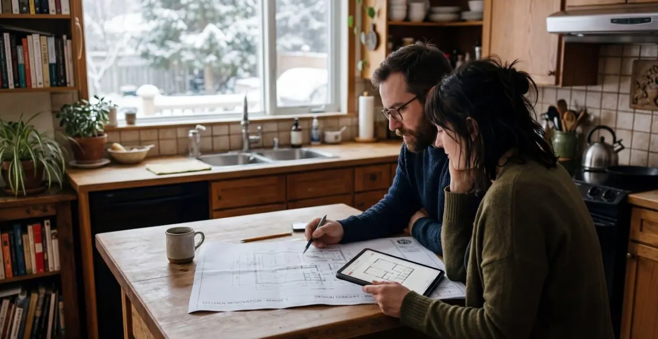 Un couple vu de dos examine des plans de rénovation posés sur le comptoir de leur cuisine, baigné par la lumière d'une fenêtre hivernale