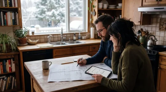Un couple vu de dos examine des plans de rénovation posés sur le comptoir de leur cuisine, baigné par la lumière d'une fenêtre hivernale