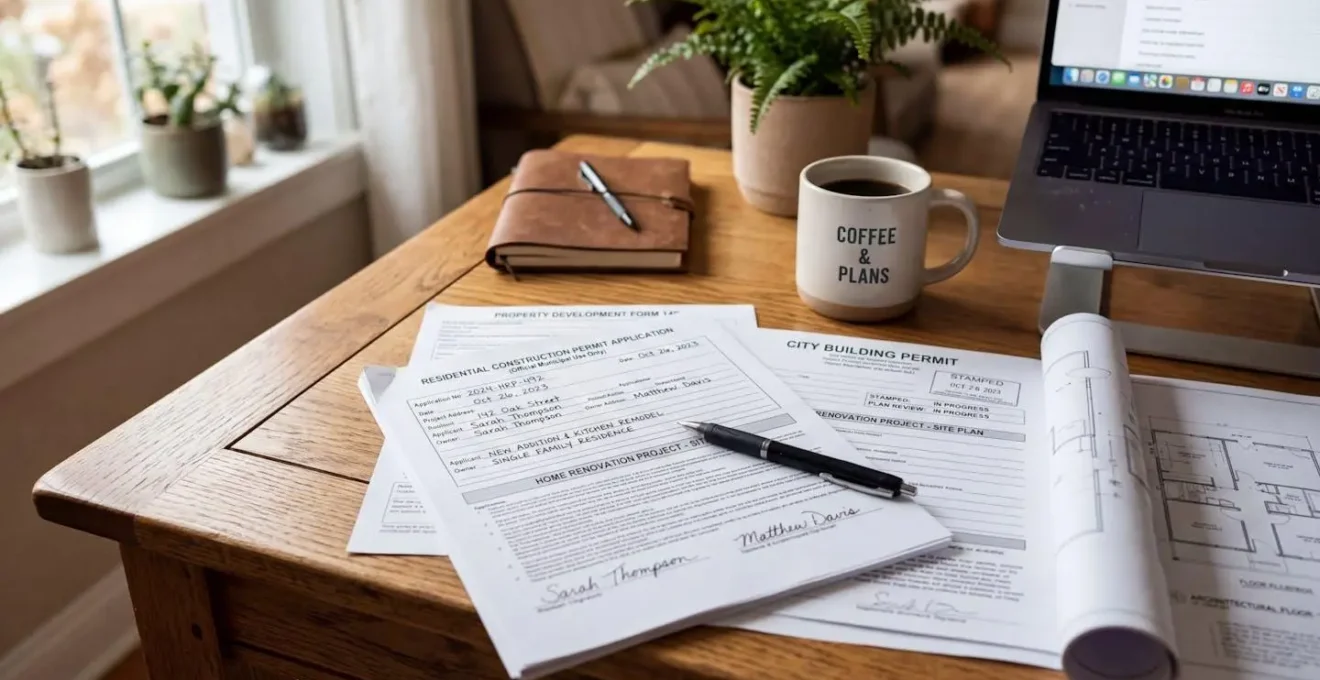 Des formulaires officiels et documents de permis de construction posés sur un bureau à domicile, avec une tasse de café et un ordinateur portable flouté en arrière-plan