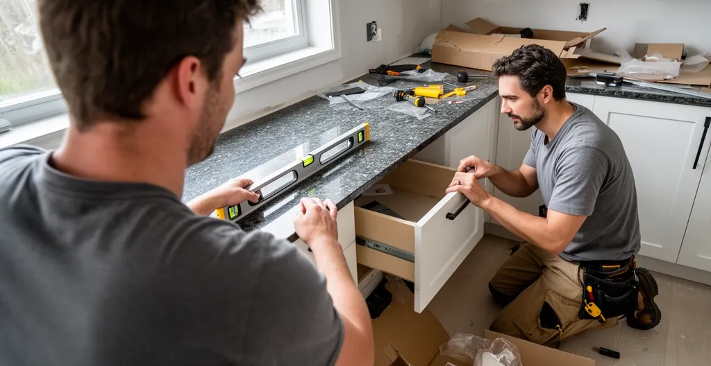 Équipe d'entrepreneurs coordonnée installant un plan de travail de cuisine à Ottawa