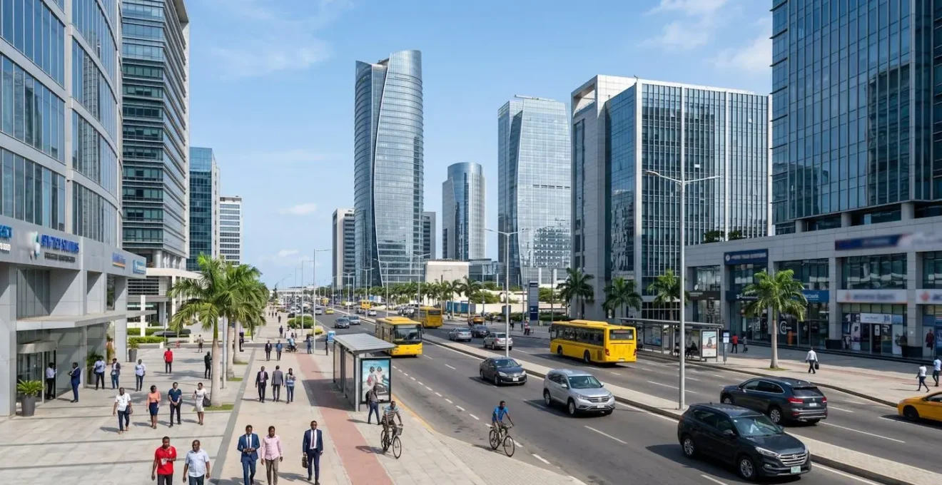 Wide angle view of a modern African commercial district with contemporary glass office buildings, clean streets, bright daylight, bustling urban environment showing economic vitality
