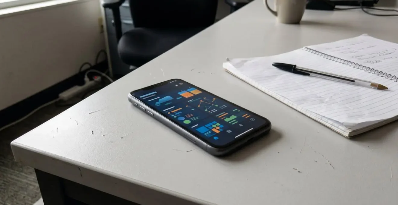 Extreme close-up of professional hands holding a smartphone displaying a blurred profile page, shallow depth of field with soft bokeh on modern desk surface