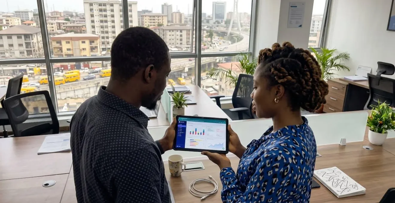 Two professionals in a bright contemporary office space reviewing documents on a tablet, natural interaction captured over-the-shoulder with cityscape visible through large windows