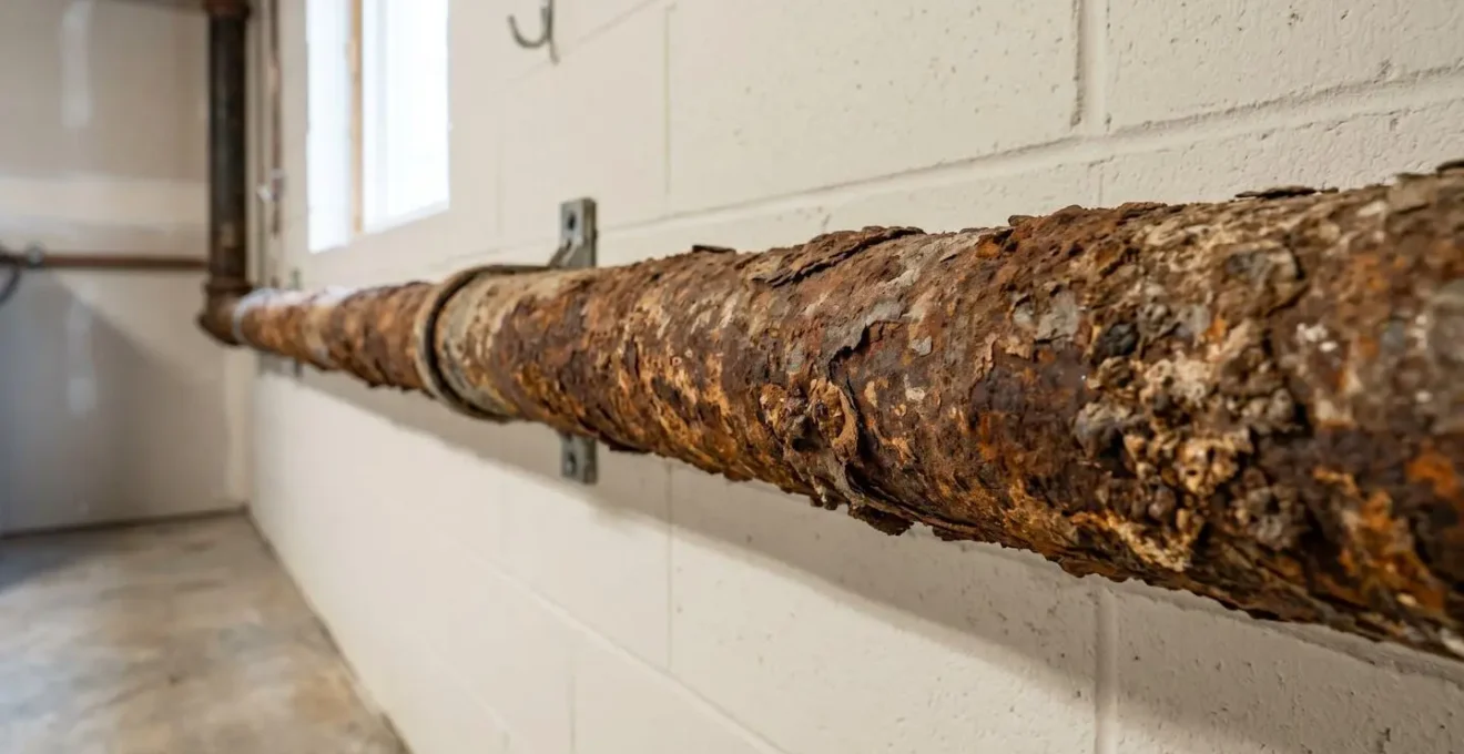 Extreme close-up of heavily corroded galvanized steel pipe section showing reddish-brown rust deposits and rough deteriorated metal surface