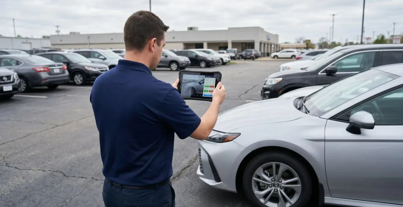 Fleet operations staff member photographing vehicle exterior panel with tablet in outdoor rental parking lot