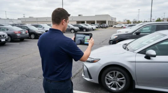 Fleet operations staff member photographing vehicle exterior panel with tablet in outdoor rental parking lot
