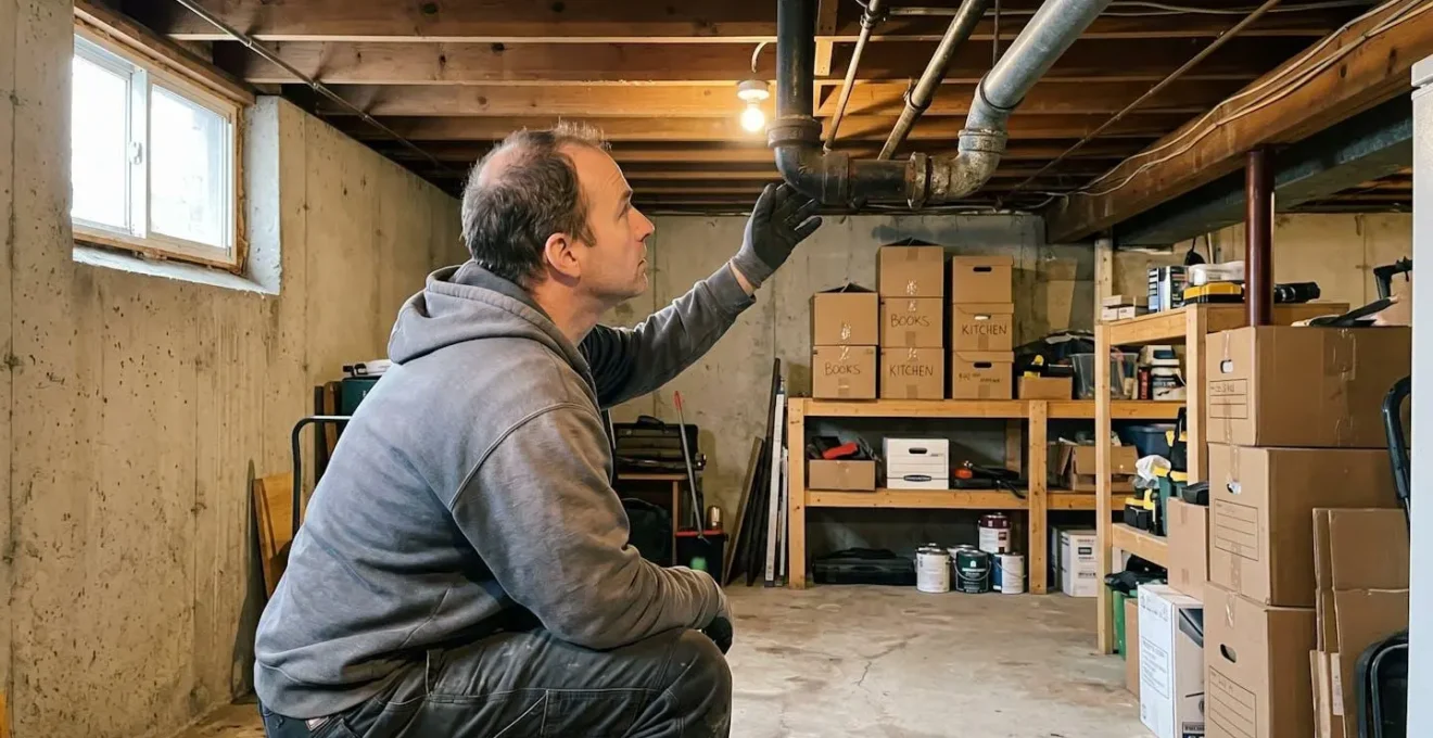 Homeowner crouched in residential basement examining exposed old pipes near ceiling joists with focused concentration
