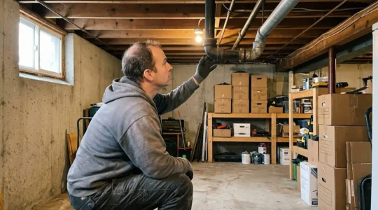 Homeowner crouched in residential basement examining exposed old pipes near ceiling joists with focused concentration