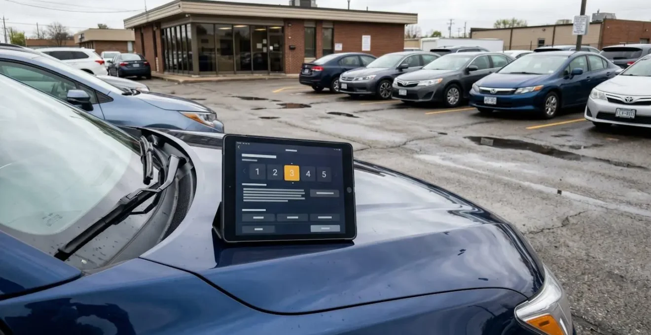 Tablet displaying vehicle condition severity rating interface resting on car hood in rental parking facility