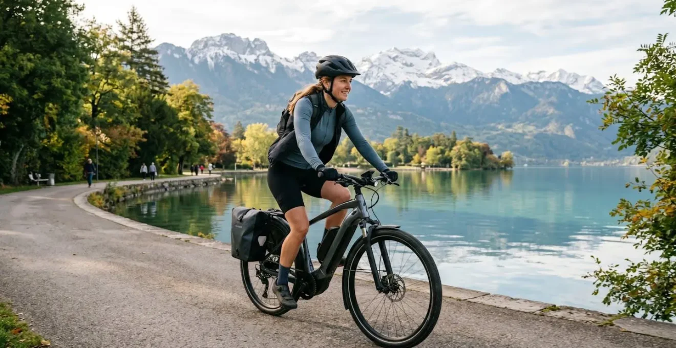 Cyclist riding an electric bike along Lake Annecy with mountain peaks in the background