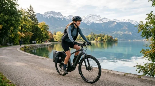 Cyclist riding an electric bike along Lake Annecy with mountain peaks in the background