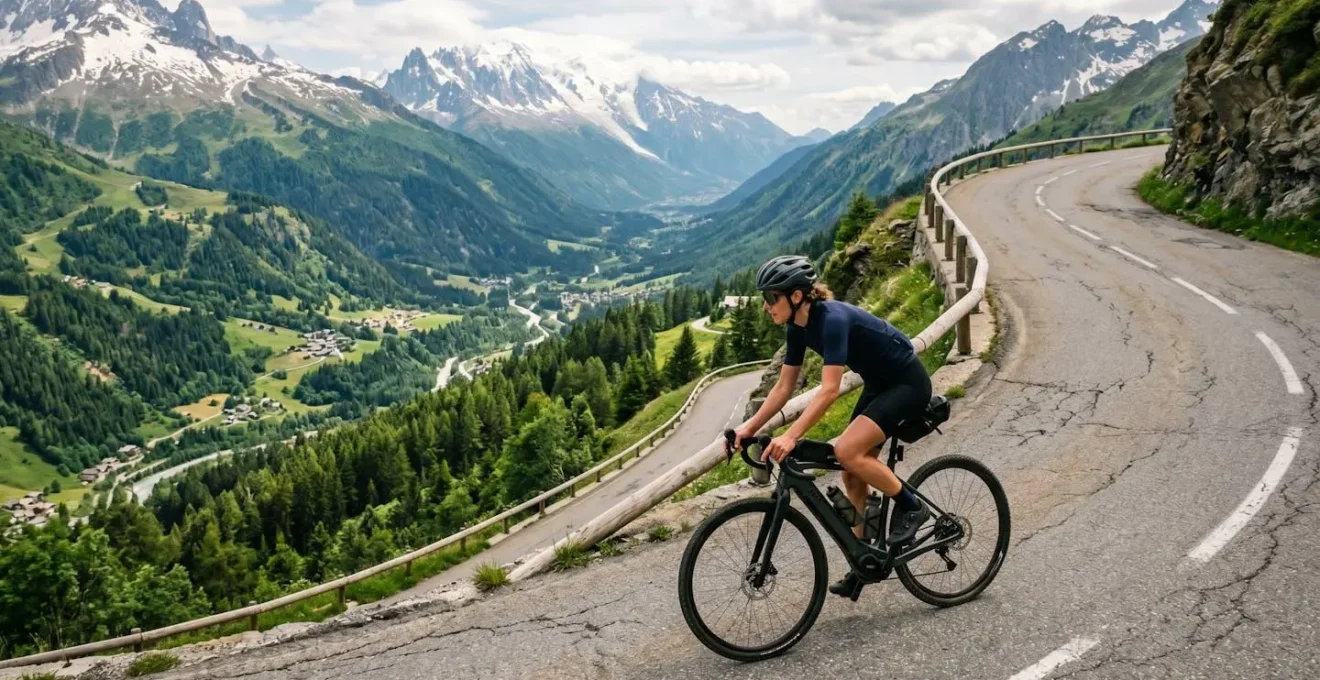 Electric bike rider ascending an Alpine road in Haute-Savoie with green valley visible below