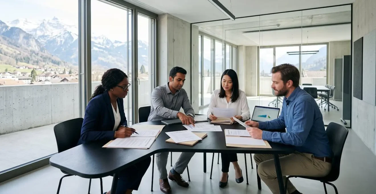 Modern Swiss office with international business professionals reviewing employment contracts around a conference table, with Alpine mountain views through floor-to-ceiling windows