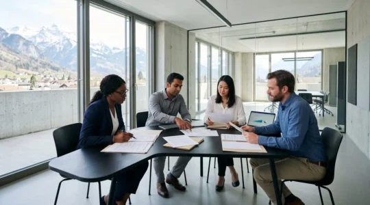 Modern Swiss office with international business professionals reviewing employment contracts around a conference table, with Alpine mountain views through floor-to-ceiling windows