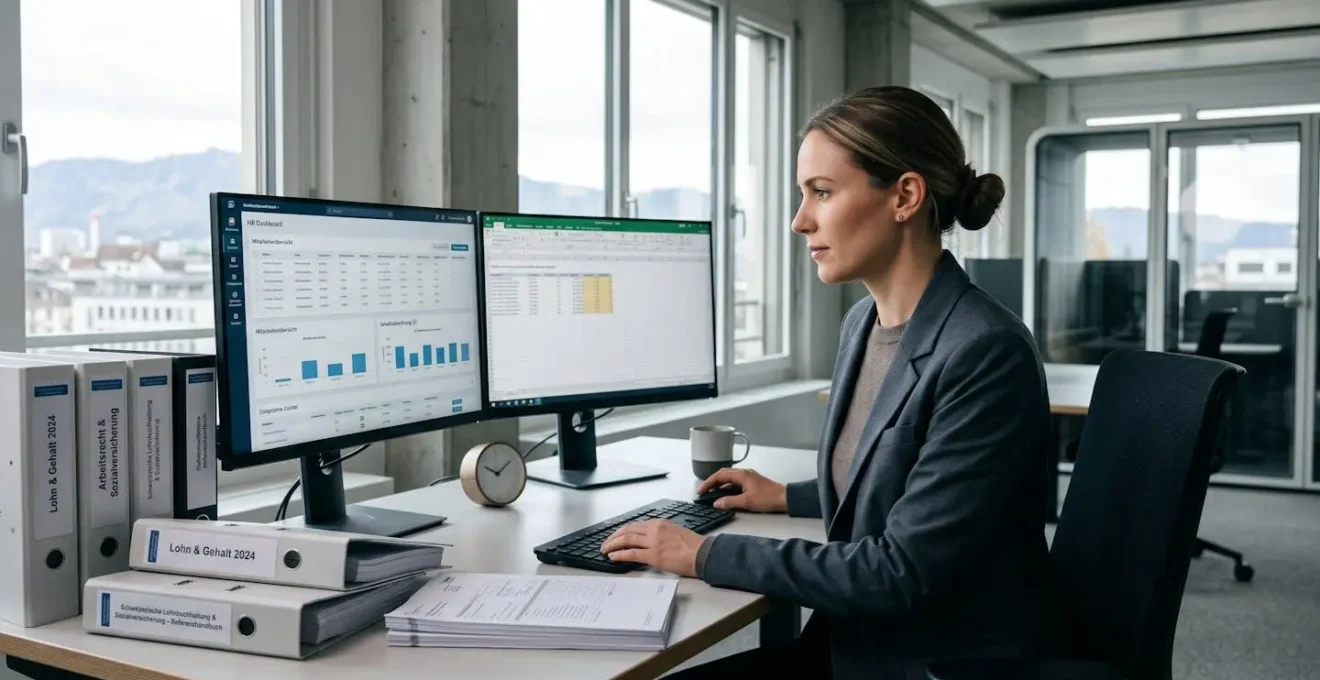 Swiss payroll professional managing international employee data on modern computer systems in a contemporary office setting