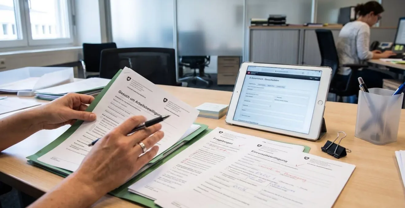 Swiss work permit forms and official documentation being processed on a modern desk with digital application interfaces visible on tablet screen